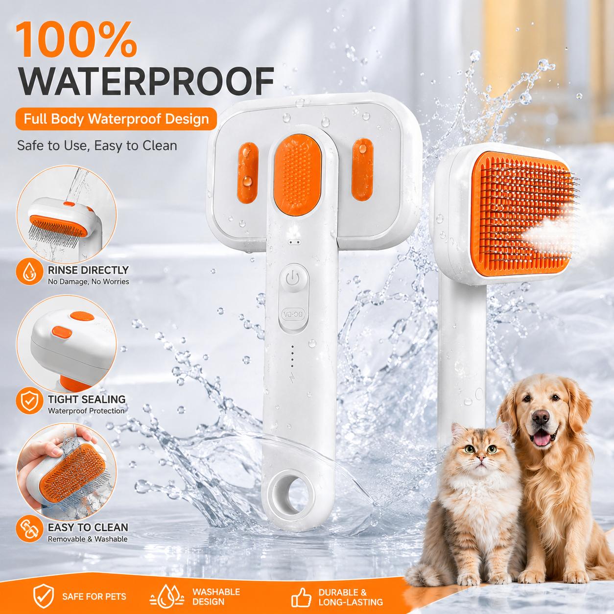 Cat Grooming Brush – Waterproof Steam Deshedding Tool, One-Button Hair Removal Comb for Cats & Dogs, Pet Fur Cleaning & Trimming, PetLovers